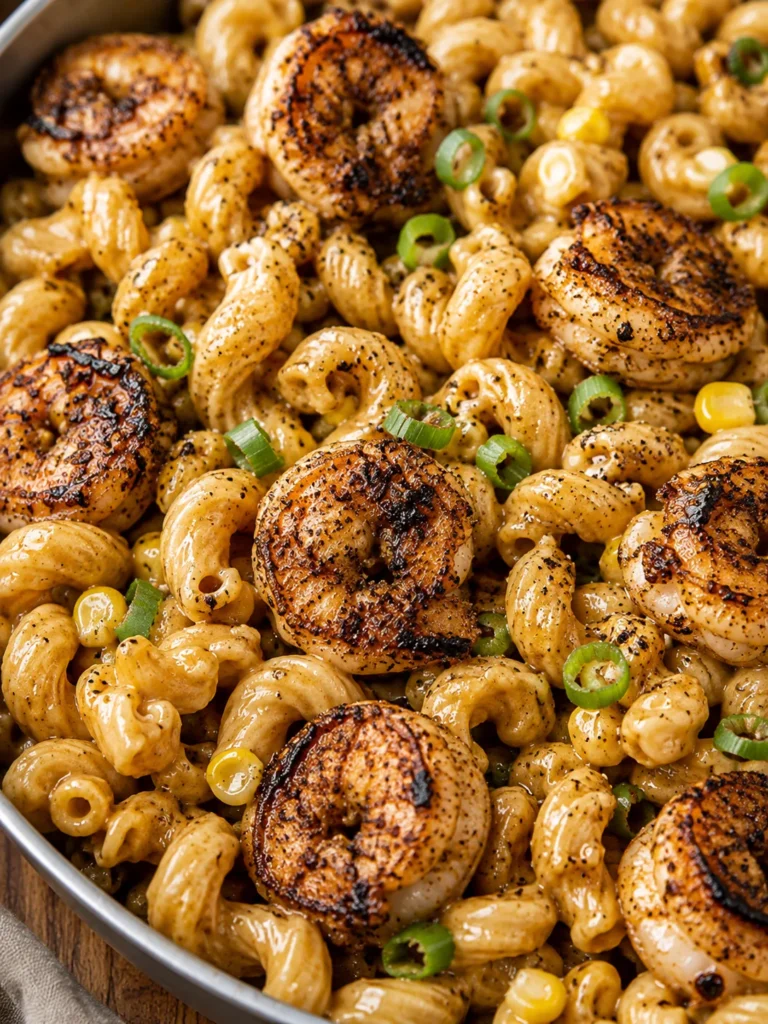 Blackened Shrimp Cavatappi with browned shrimp, corn, and green onion in a creamy skillet