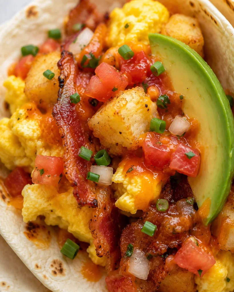 Close-up of a breakfast taco filling with fluffy scrambled eggs, crisp bacon, browned hash browns, melted cheddar, pico de gallo, chives, avocado, and glossy spicy sauce.