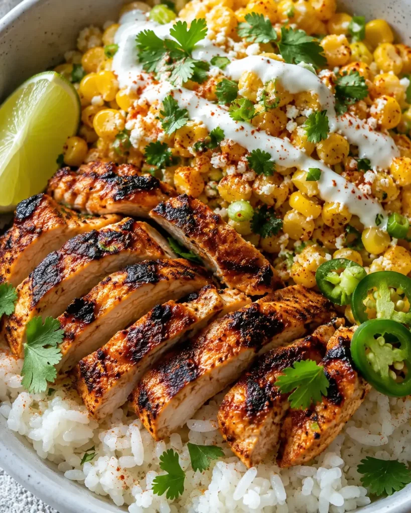 Zesty Street Corn Chicken Rice Bowl with charred chicken, golden corn, lime, and cilantro in a bowl