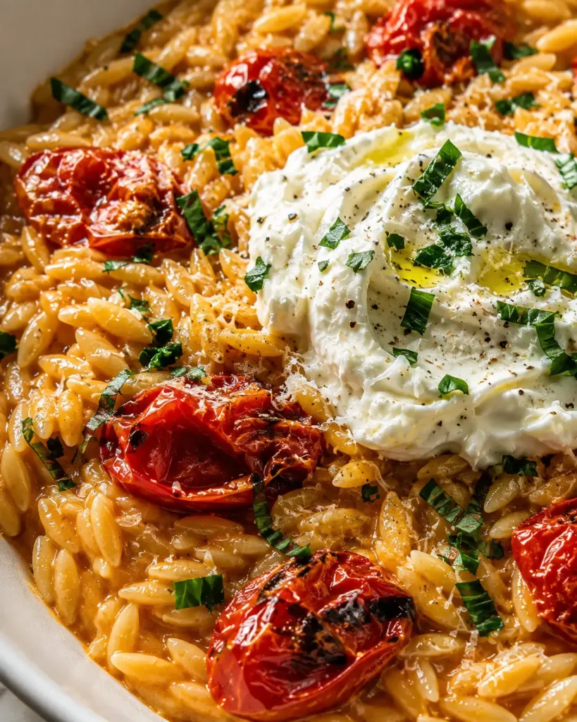 Roasted Tomato Orzo with Whipped Feta with glossy red tomatoes, herbs, and a creamy center