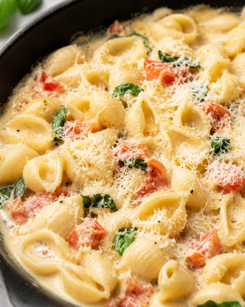Creamy Tomato Basil Pasta with golden shells in Parmesan cream sauce in a black skillet