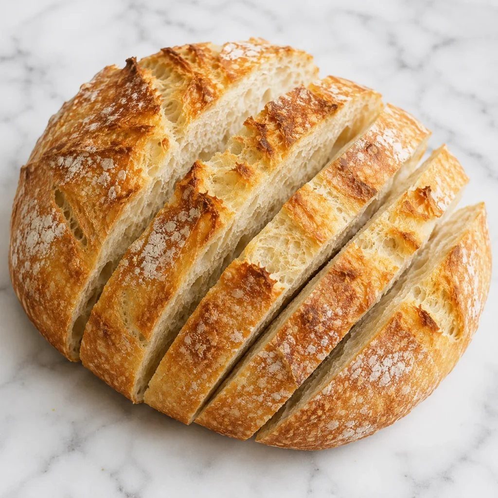 Sliced rustic no knead bread with a golden flour-dusted crust and airy crumb arranged on a bright white marble surface.