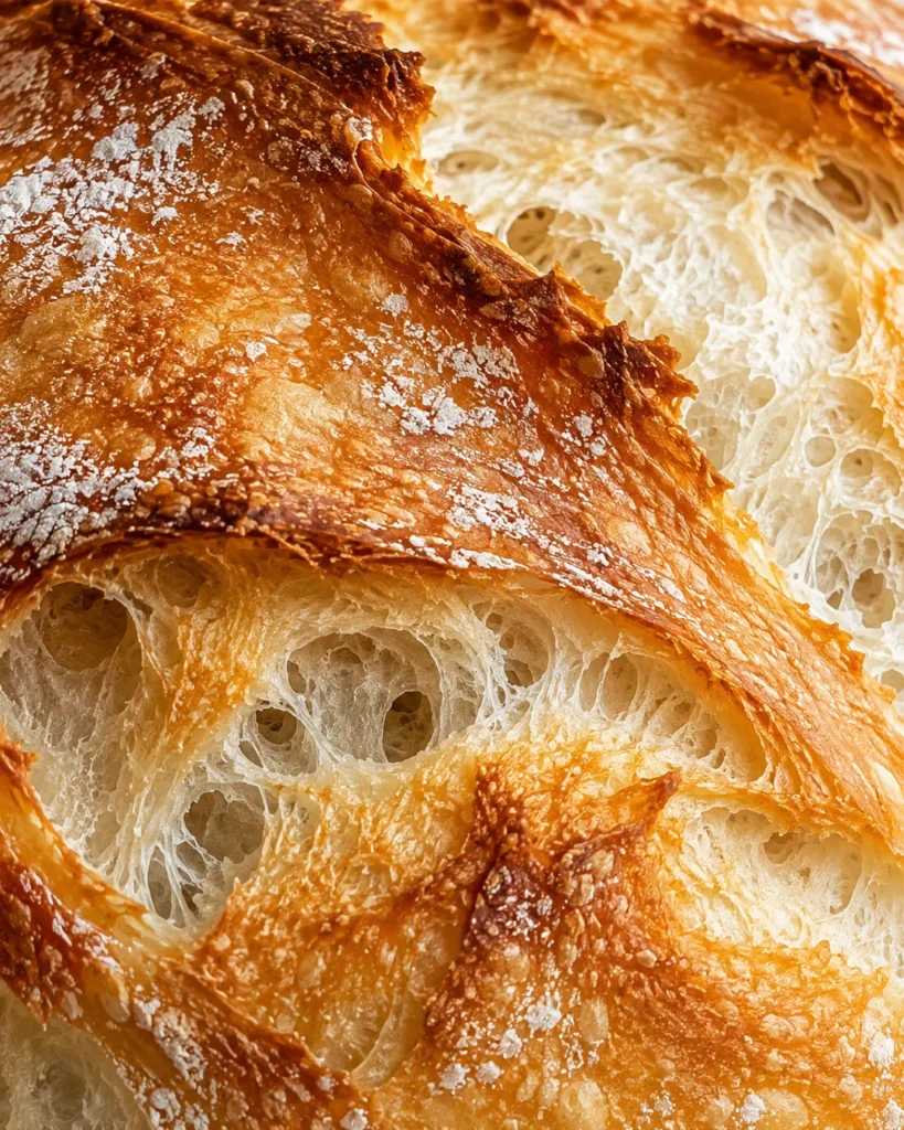 Extreme close-up of no knead bread showing crisp caramelized crust, scattered flour, and airy ivory crumb with irregular holes.