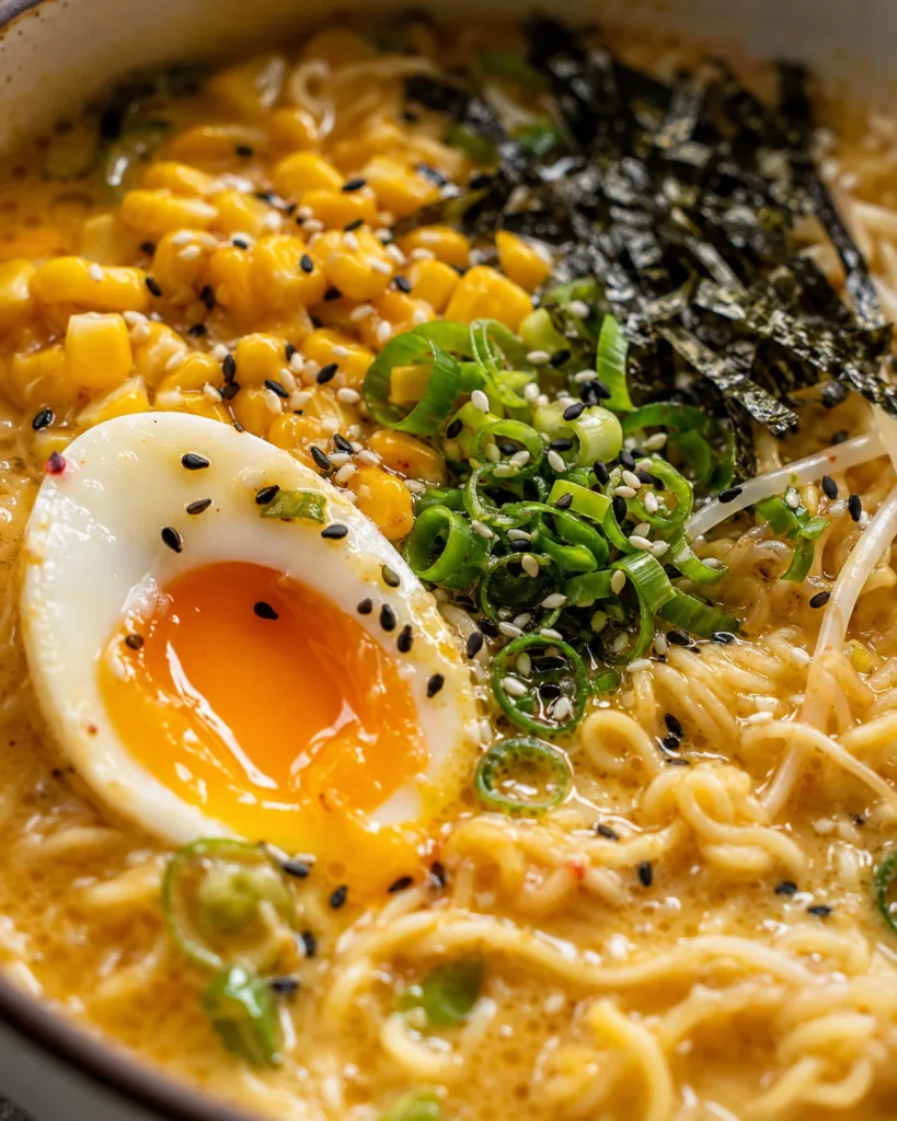 Cozy Japanese Miso Butter Corn Ramen with jammy eggs, corn, nori, green onions, and sesame in a white bowl