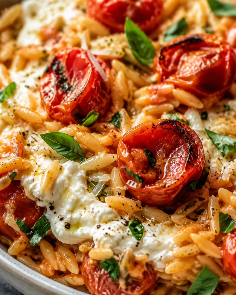 Creamy Roasted Tomato Orzo with Whipped Feta in a bowl with red tomatoes, herbs, and creamy feta