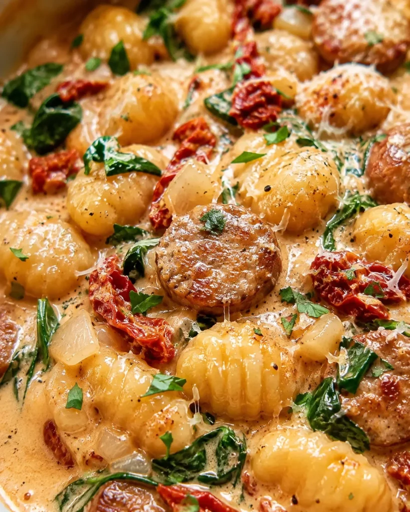 One Pan Creamy Tuscan Sausage Gnocchi in a creamy skillet with spinach, sun dried tomatoes, and Parmesan