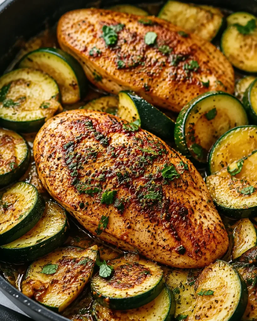 Garlic Butter Chicken and Zucchini Skillet with golden chicken, tender zucchini rounds, and parsley in a black pan