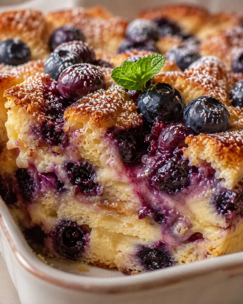 Easy Overnight Blueberry Pancake Casserole with golden edges, juicy berries, and mint in a glass baking dish