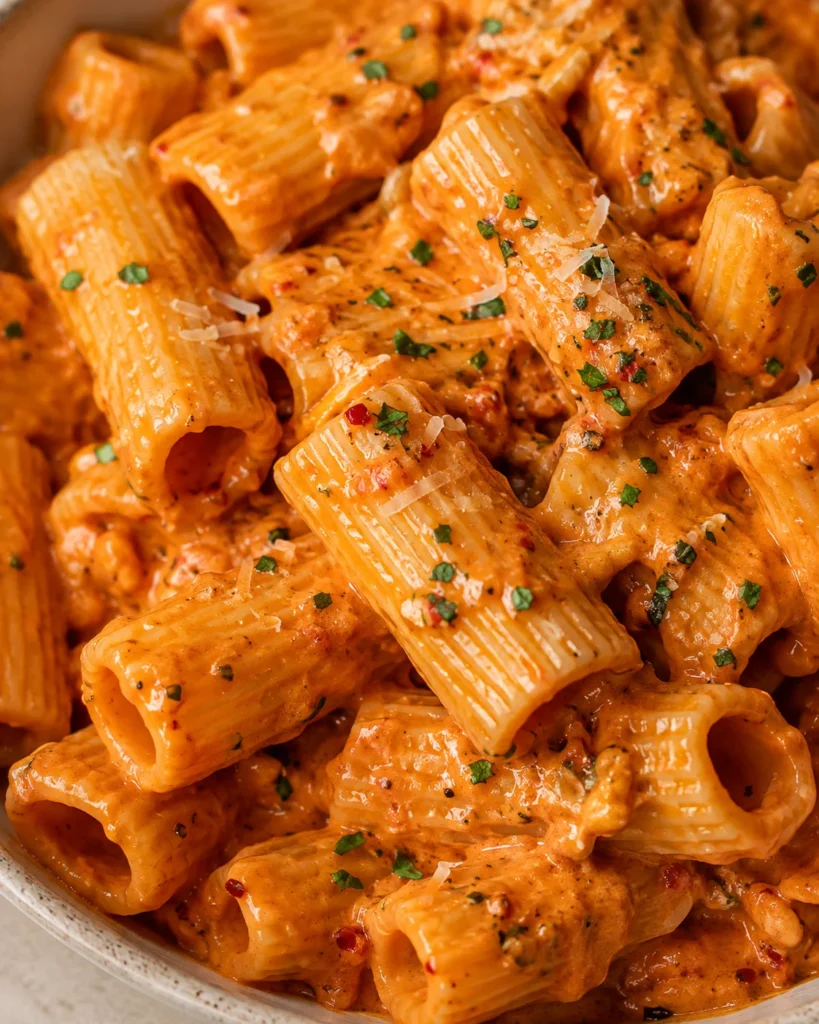 Spicy Rigatoni Recipe in a turquoise bowl with glossy orange sauce and parsley garnish