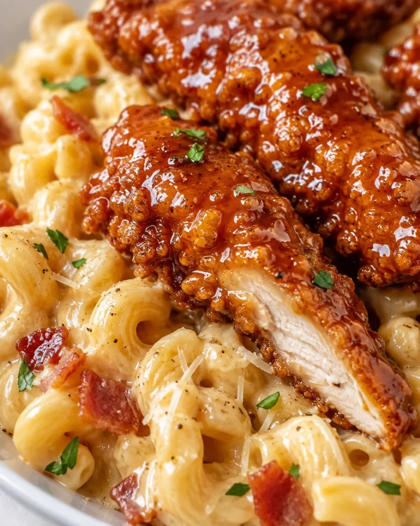 Copycat Applebee’s Honey Pepper Chicken Mac and Cheese with glossy chicken and basil in a bowl