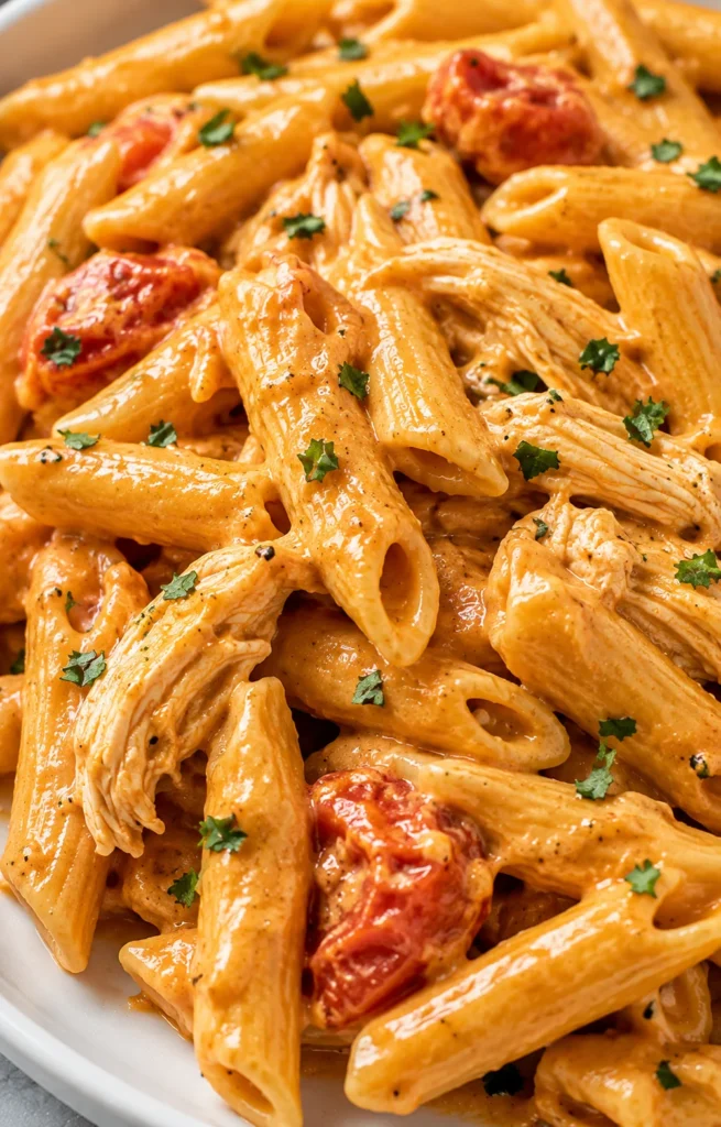 Creamy Buffalo Chicken Pasta in a white bowl with glossy orange sauce and parsley garnish