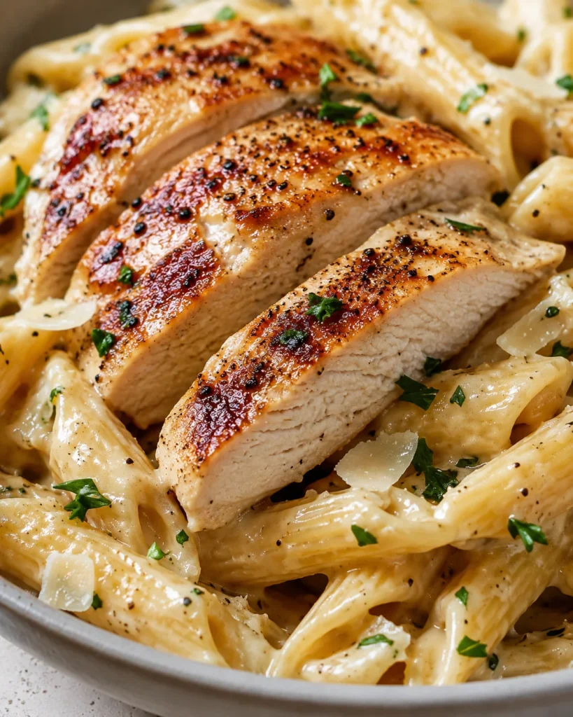 Creamy Chicken Pasta with golden sliced chicken, shells, herbs, and glossy sauce in a pan