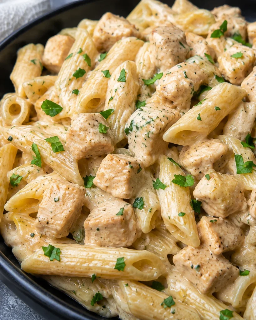 Creamy Garlic Chicken Pasta in a black bowl with parsley and glossy Parmesan sauce