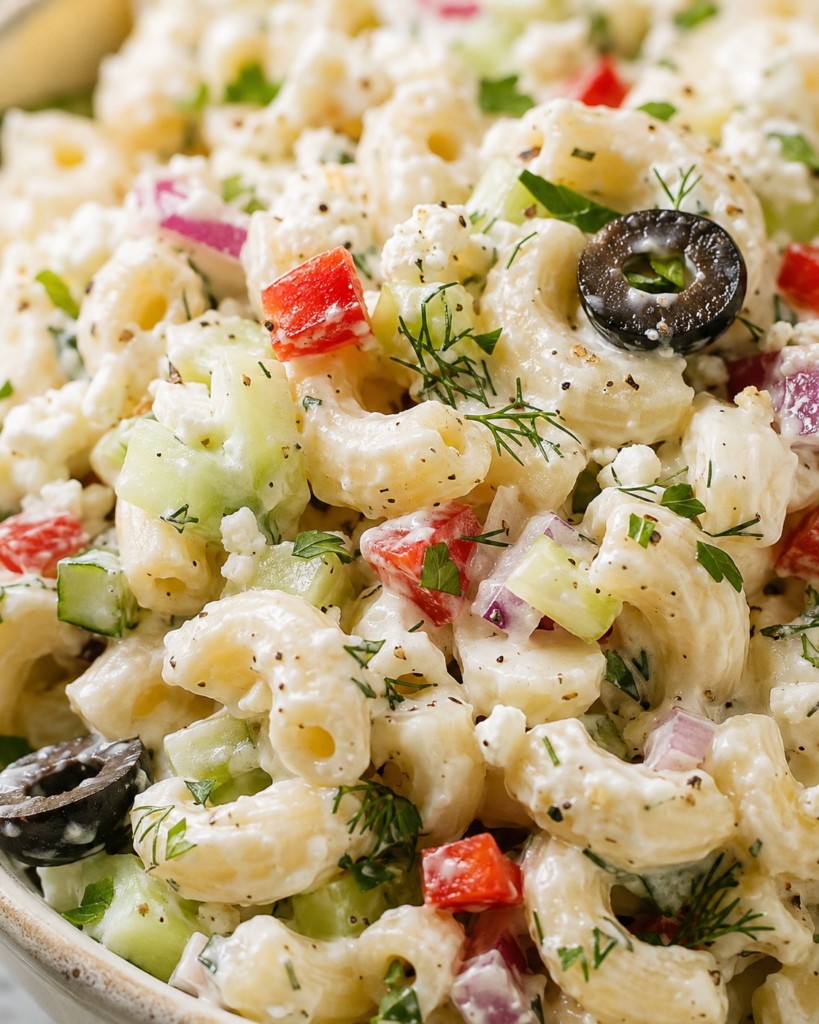 Creamy Greek Yogurt Macaroni Salad in a white bowl with dill, cucumber, red pepper, and creamy pasta