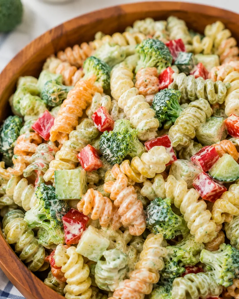 Creamy Ranch Pasta Salad with tri color rotini and crisp broccoli in a wooden bowl