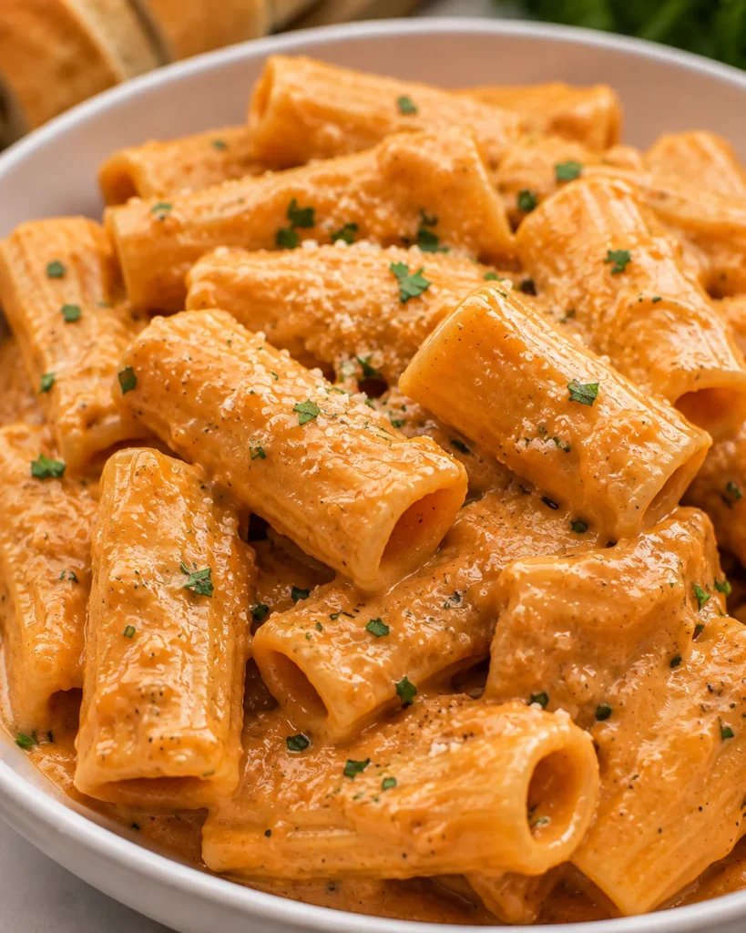 Creamy Rigatoni Pasta with rigatoni in orange tomato cream sauce topped with Parmesan