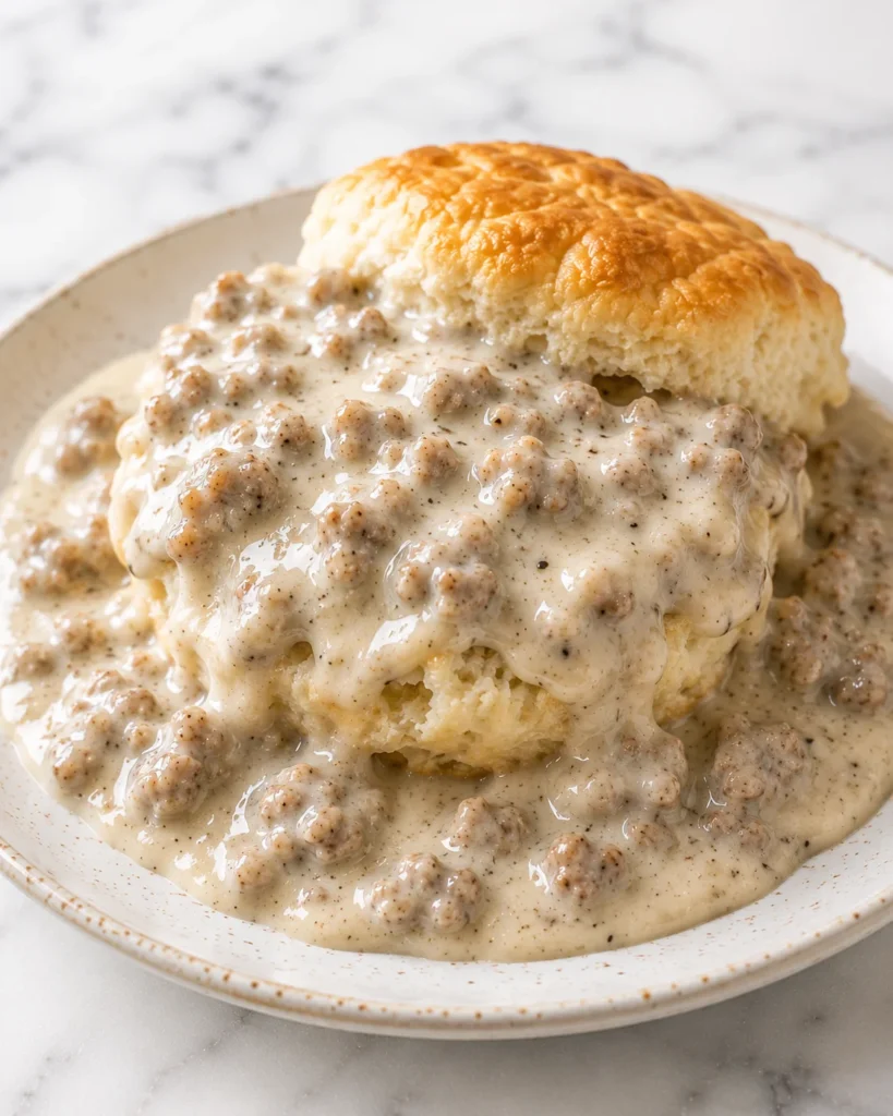 A golden split biscuit covered with creamy sausage gravy, browned sausage crumbles, and black pepper flecks on a speckled plate over white marble.