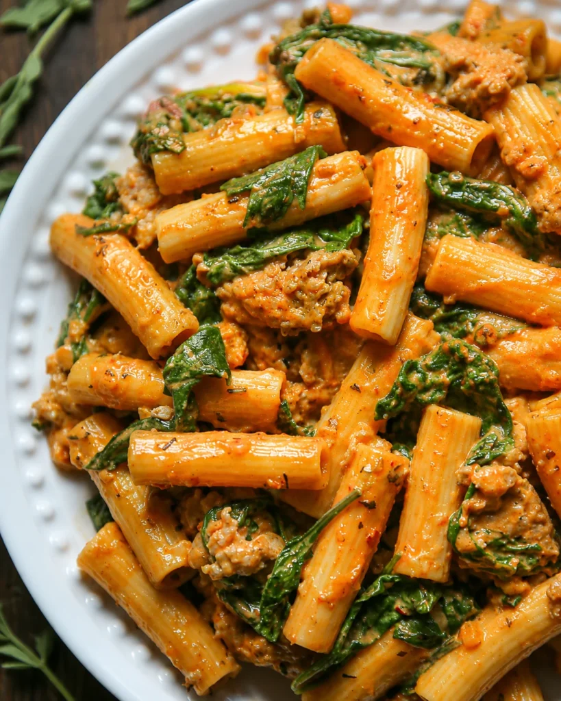 Creamy Sausage Rigatoni with glossy tomato sauce, wilted spinach, and crumbled sausage on a plate