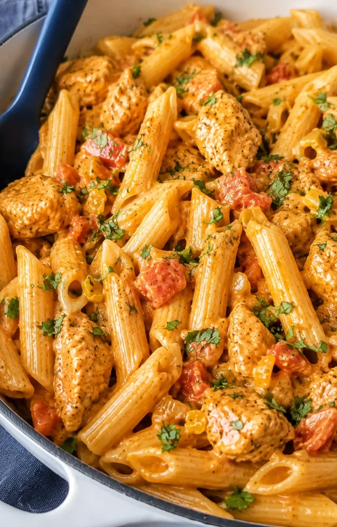 Creamy Southwest Chicken Pasta with orange sauce, penne, cilantro, and chicken in a white pot