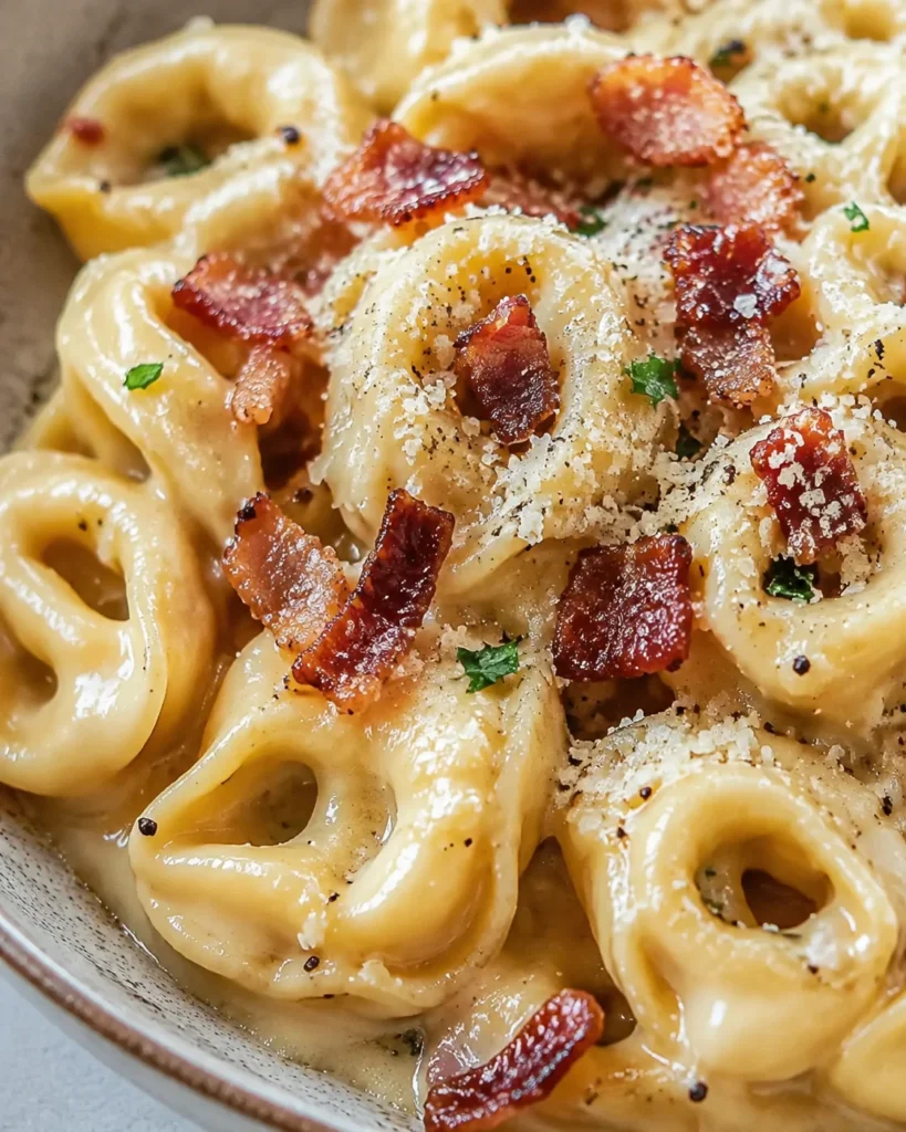 Creamy Tortellini Carbonara Recipe (30-Minute) with creamy pasta, crisp bacon, and parsley in a bowl