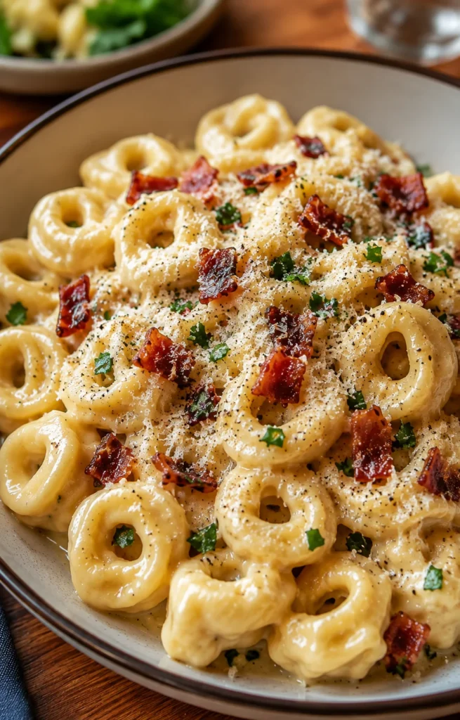 Creamy Tortellini Carbonara Recipe with glossy pasta, crisp bacon, herbs, and Parmesan