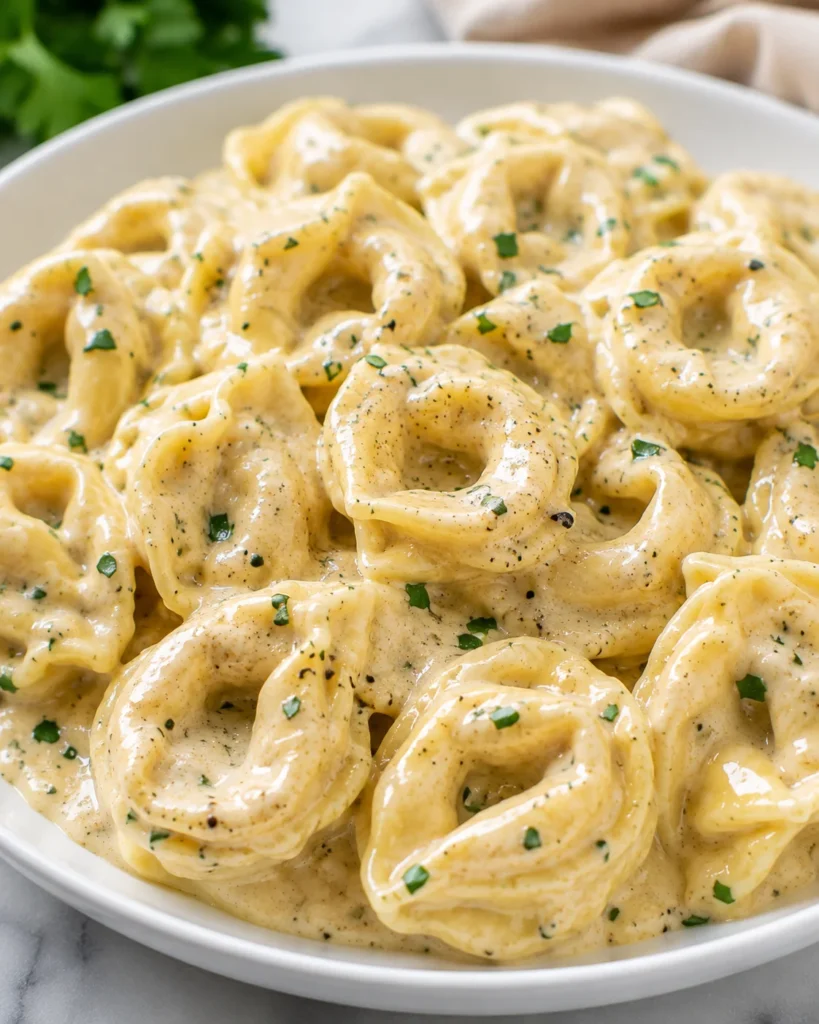 Creamy Tortellini Sauce with golden pasta in glossy cheese sauce on a white plate