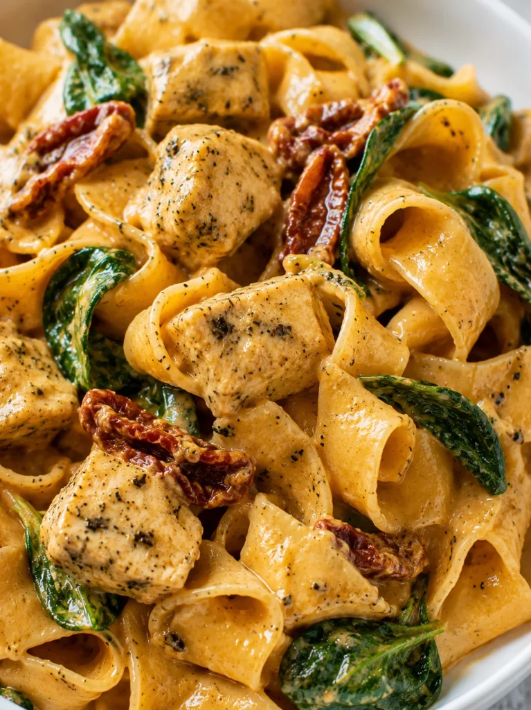 Creamy Tuscan Chicken Pasta with golden sauce, spinach, and chicken on a white plate