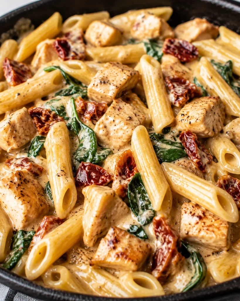 Creamy Tuscan Chicken Pasta with glossy sauce, sun dried tomatoes, and spinach in a skillet