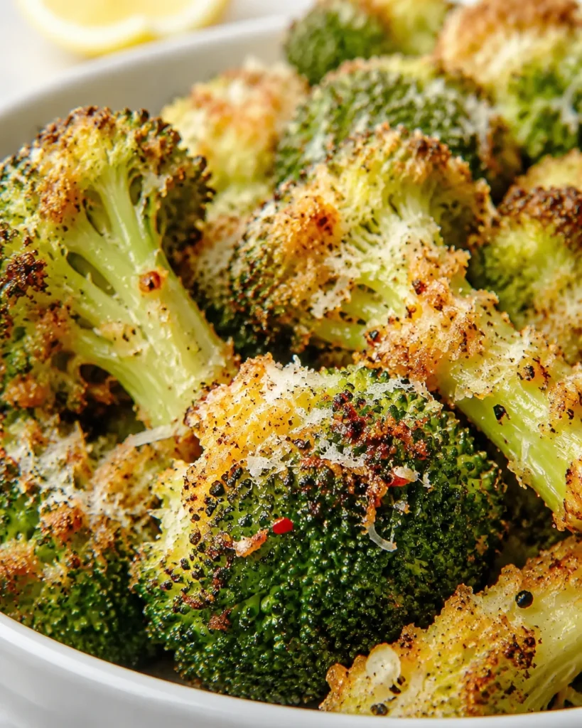 Crispy Parmesan Crusted Broccoli Florets in a white bowl with golden cheese and lemon