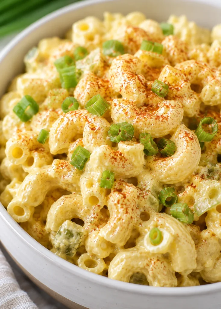 Creamy Deviled Egg Pasta Salad with paprika dusted elbows and green onions in a white bowl