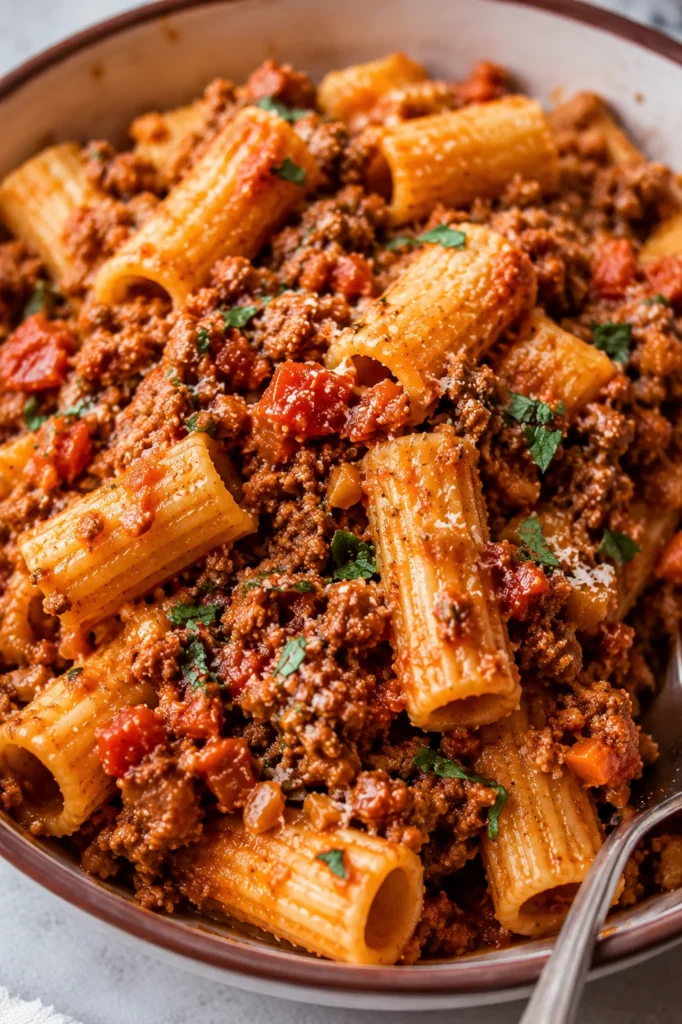 Easy Rigatoni Bolognese with ridged pasta, meaty red sauce, Parmesan, and parsley in a bowl