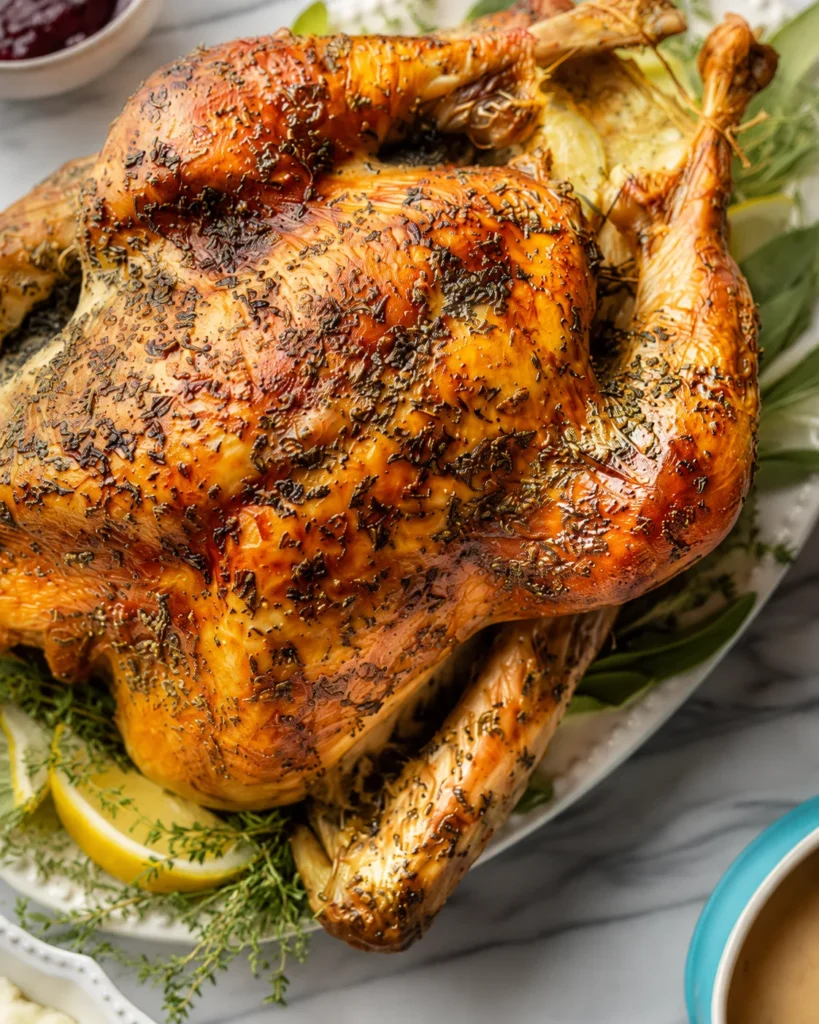 Easy Roast Turkey with golden herb skin on a platter with gravy and mashed potatoes nearby