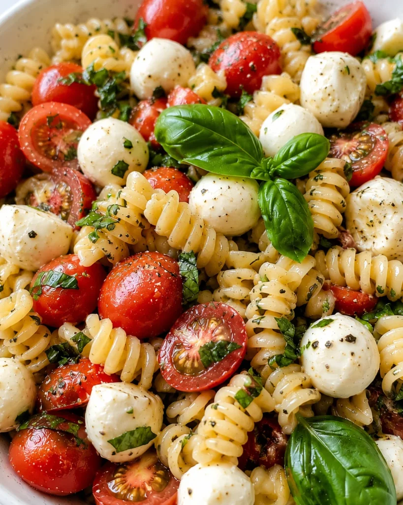 Fresh Caprese Pasta Salad with glossy tortellini, mozzarella pearls, basil, and juicy tomatoes