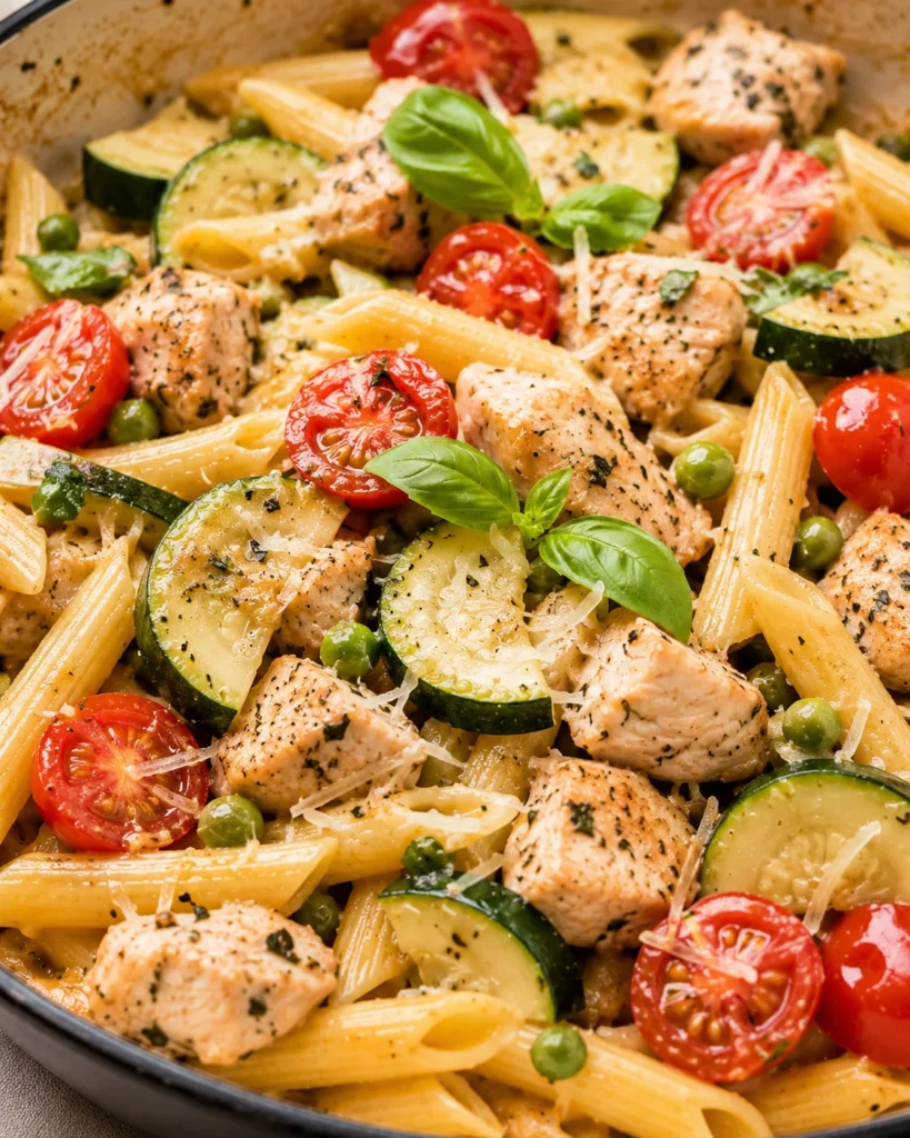 Fresh Chicken Pasta Primavera with golden penne, zucchini, tomatoes, peas, and basil in a skillet
