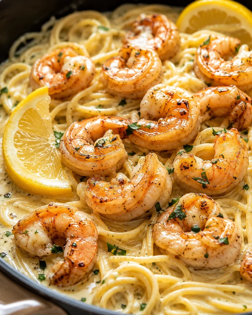 Creamy Lemon Shrimp Pasta with golden shrimp and parsley in a skillet ready to serve