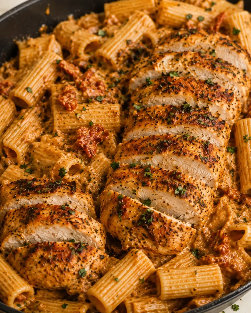 Creamy Marry Me Chicken Pasta with golden sliced chicken over rigatoni in a creamy skillet sauce
