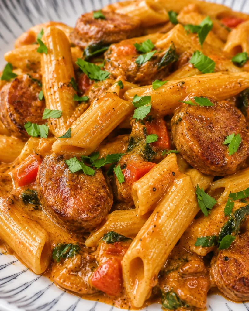One Pot Creamy Cajun Sausage Pasta (30-Minutes) with penne and browned sausage in sauce