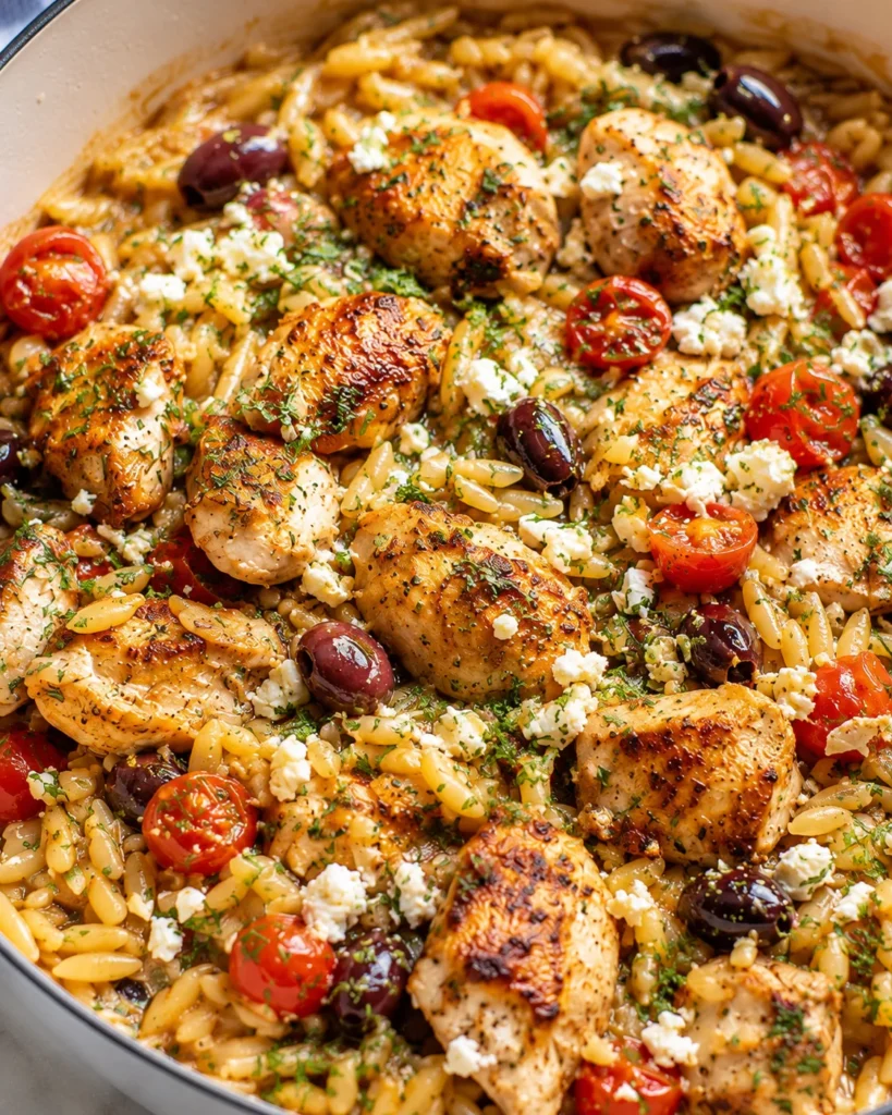 One Pot Greek Chicken Orzo with creamy orzo, golden chicken, feta, olives, and tomatoes in a skillet