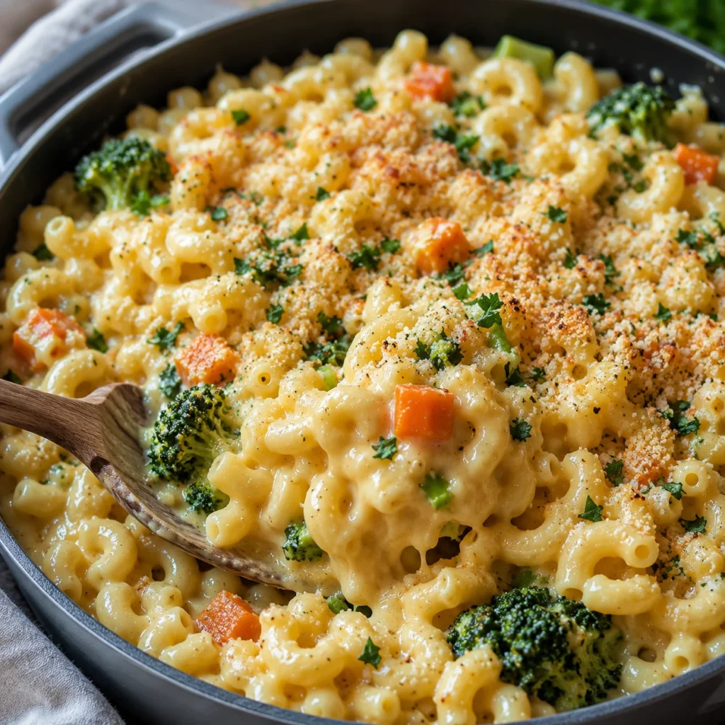 One Pot Veggie Mac and Cheese with golden crumbs, broccoli, and creamy elbows in a black skillet