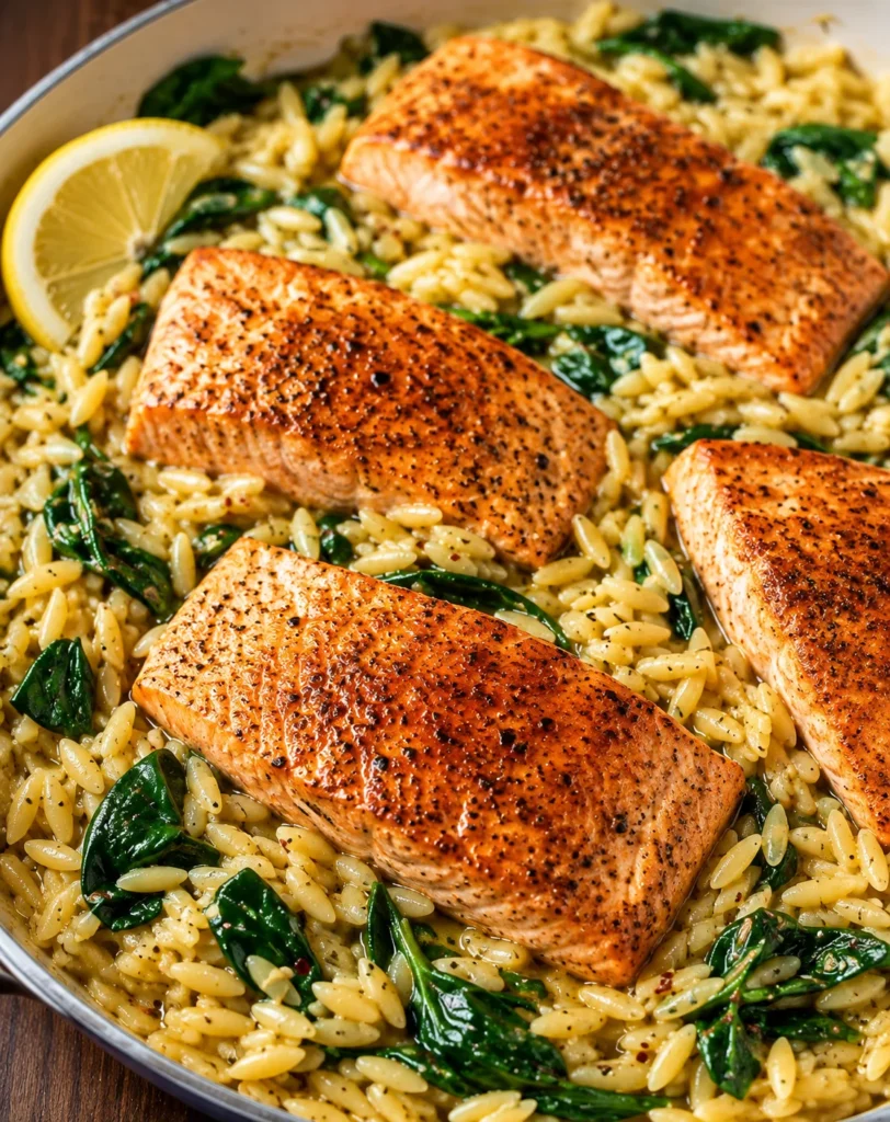 One Skillet Salmon with Lemon Orzo with golden salmon over creamy spinach orzo in a skillet