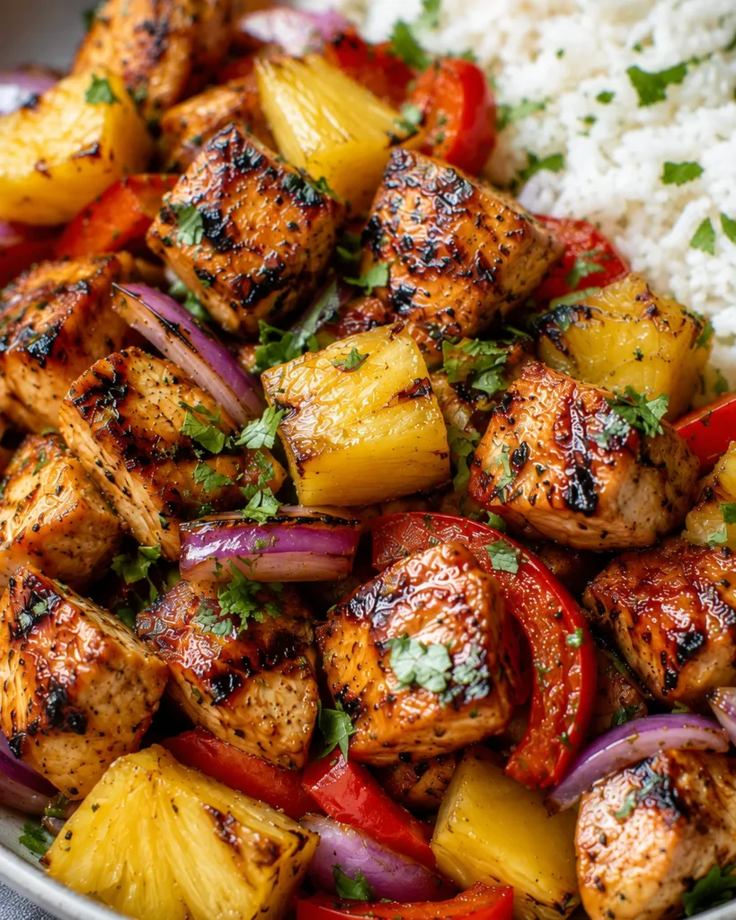 Sheet Pan Hawaiian Chicken Dinner with glossy pineapple chicken, red peppers, and rice in a bowl