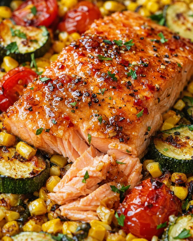 Sheet Pan Honey Garlic Salmon with Zucchini and Corn with glossy salmon, zucchini, corn, tomatoes, and lemon