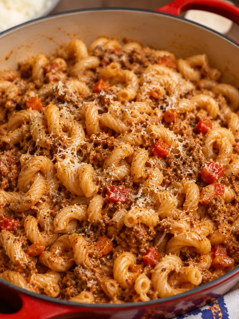 Simple Beef Bolognese Pasta with curly pasta and grated Pecorino in a red Dutch oven