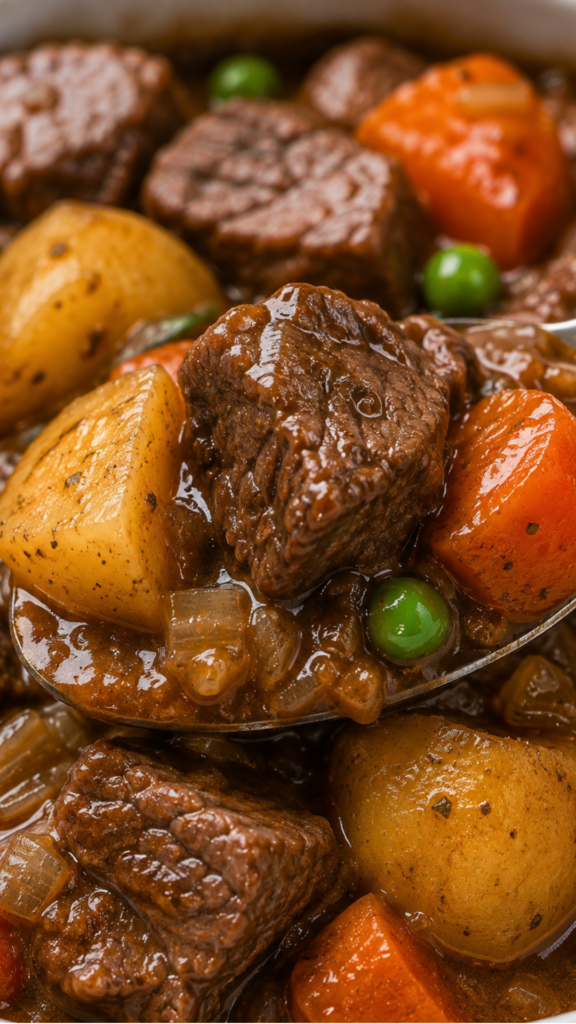 Close-up of slow cooker beef stew with a spoon lifting tender beef, carrots, potatoes, peas, and glossy brown gravy from a bowl.