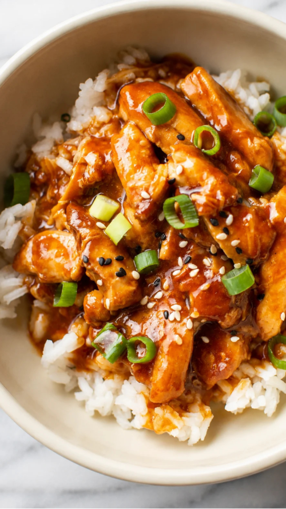 Slow Cooker Honey Garlic Chicken with glossy sauce, scallions, and sesame seeds over rice