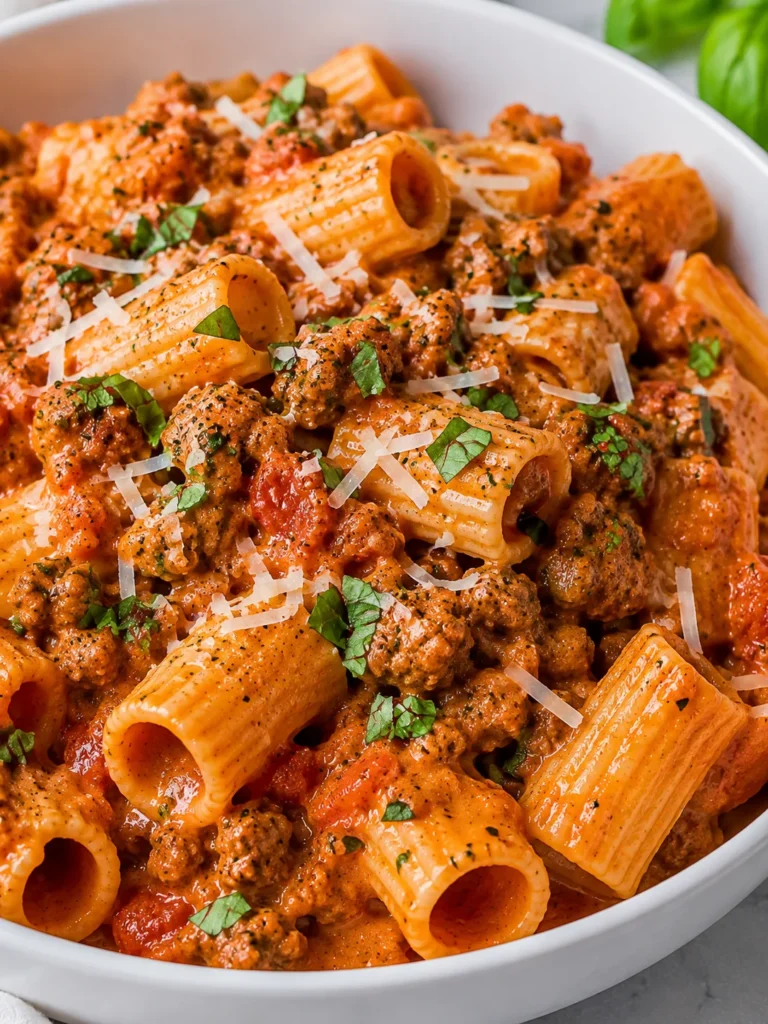 Spicy Italian Sausage Pasta with orange tomato cream sauce and basil in a white bowl