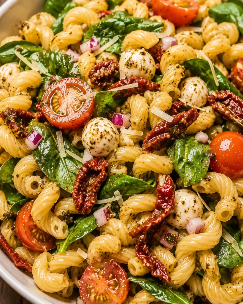 Tangy Sun Dried Tomato Pasta Salad with glossy cavatappi, basil, and cherry tomatoes in a bowl