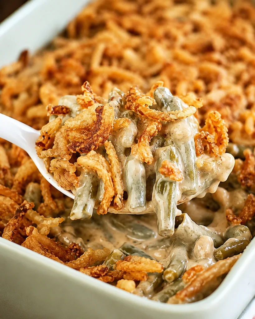 Ultimate Green Bean Casserole with golden fried onions over creamy green beans in a baking dish