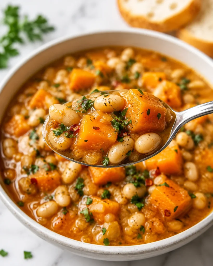 Close-up spoonful of butternut squash and white bean stew lifted above a white ceramic bowl, showing creamy orange broth, tender squash cubes, white beans, parsley, and spices.