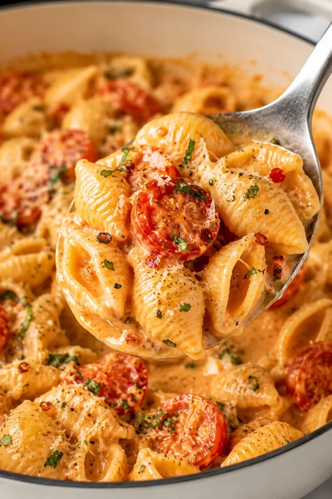 Vertical close-up of creamy cherry tomato shell pasta lifted on a stainless steel spoon from a modern white enameled pot on a bright white marble surface, with halved cherry tomatoes, Parmesan, herbs, red pepper flakes, and sauce-coated shells.